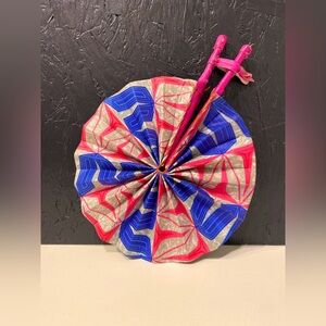 Handmade from Ghana Vibrant Colorful Hand Fan with Pink and Blue Accents